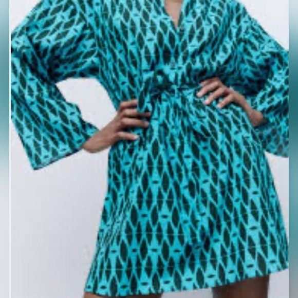 NWT Zara 100% Cotton "The Reese Dress" in Blue Geo Print - Size M - Picture 2 of 14